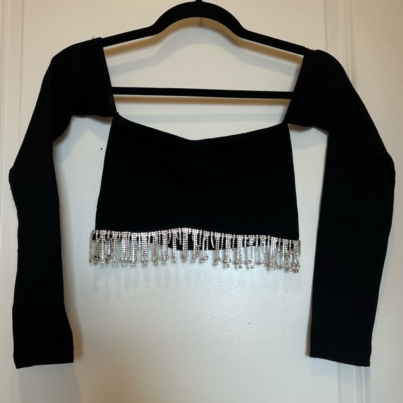 ZARA Off The Shoulder Black Rhinestone Seamless Crop Top Long Sleeve Size S!! - Picture 8 of 16